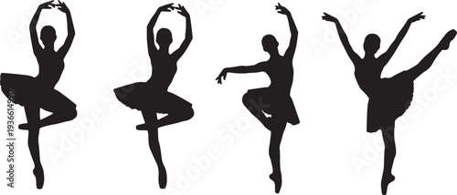 Black Solid Ballet Passe Developpe Silhouettes Set of Six on White Background