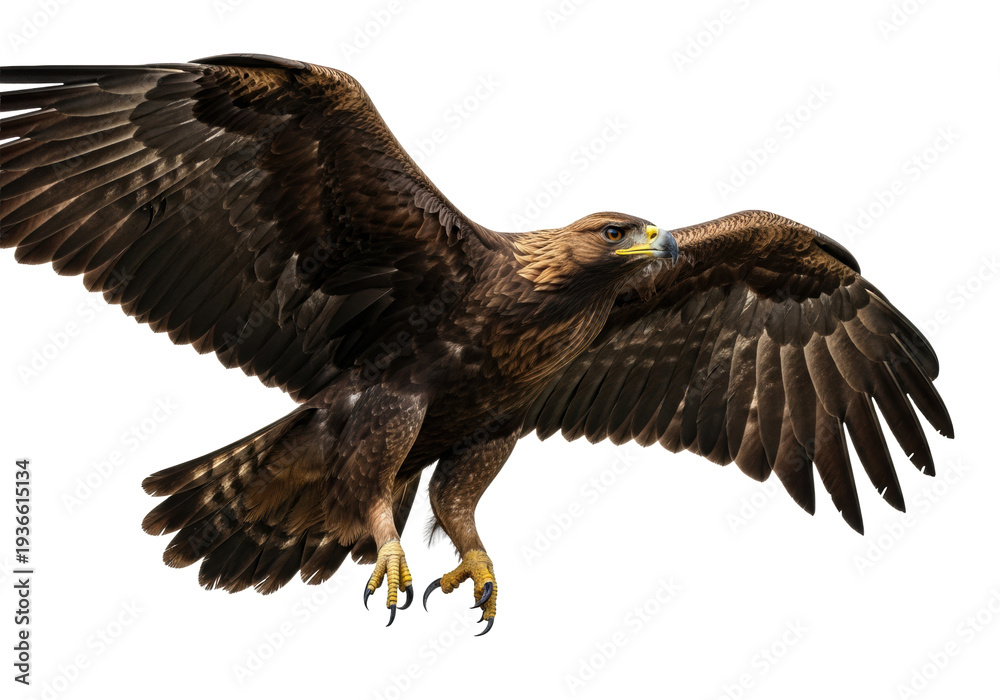 Fototapeta premium hyper-realistic golden eagle (aquila chrysaetos) in powerful flight pose, full wingspan, rim lighting on rich sepia plumage against transparent background. concept of raw power and american