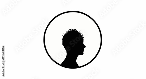 Silhouette profile of a person's head within a circular frame against a white background
