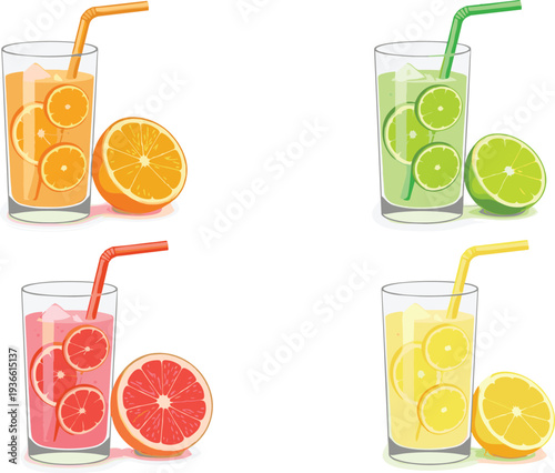 Citrus juice drinks with orange lime grapefruit and lemon fresh beverage flat vector illustration set