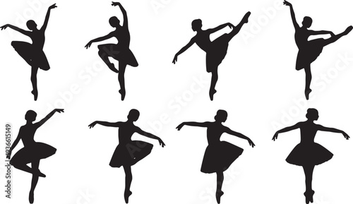 Black Solid Ballet Petite Allegro Jete Silhouettes Set of Six on White Background