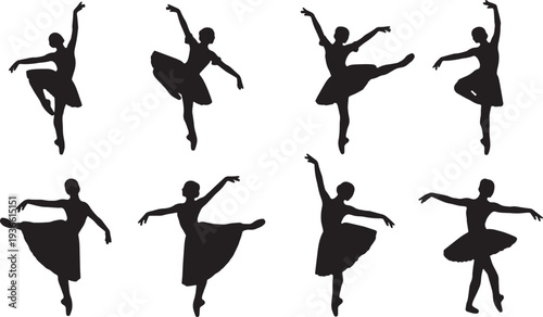 Black Solid Ballet Petite Allegro Jete Silhouettes Set of Six on White Background