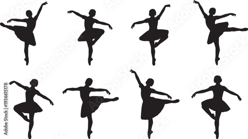 Black Solid Ballet Petite Allegro Jete Silhouettes Set of Six on White Background