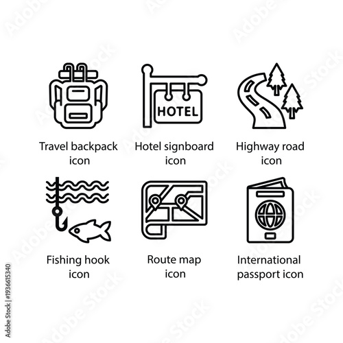 Travel backpack, Hotel signboard, Highway road, Fishing hook, Route map, International passport, icon