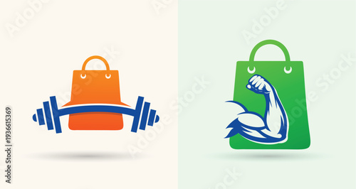 Shopping Bag and Bicep Logo for Fitness Retail Ecommerce Branding
