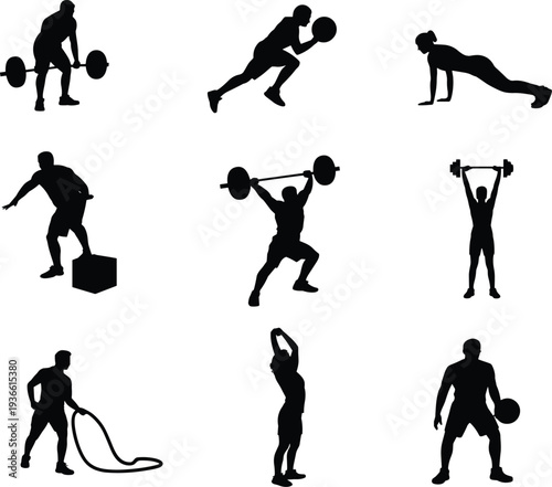 Sports and fitness workout silhouettes collection featuring weightlifting, basketball training, push up exercise, battle rope and functional training poses