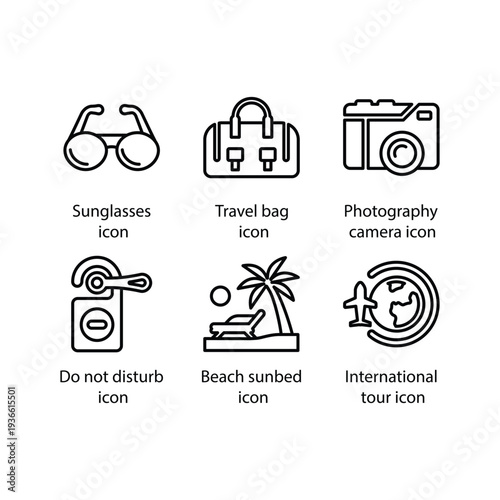 Sunglasses, Travel bag, Photography camera, Do not disturb, Beach sunbed, International tour, icon