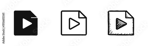 Video File Play Button Icons Set in Solid, Outline, and Hand-Drawn Styles, Representing Multimedia Content and Streaming