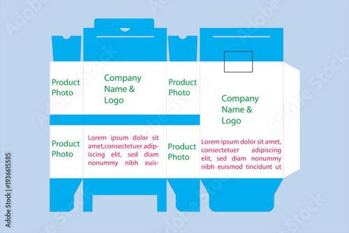 Vector product packaging box die-cut template with vibrant sky blue accents, featuring designated zones for company branding, product photography, and technical specifications.