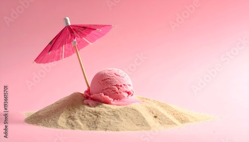 Ice Cream Scoop with a Cocktail Umbrella on Sand Looks Like a Vacation