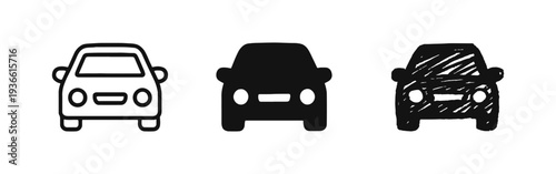 Front View Car Icon Set - Automobile Silhouette and Outline Vector Collection for Transportation
