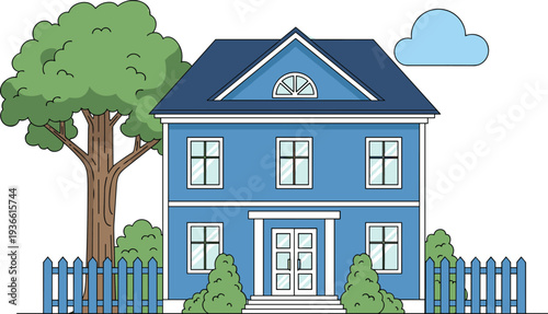 Blue suburban house exterior with fence tree and yard residential building flat vector illustration
