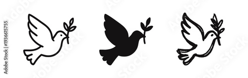 Peace Dove with Olive Branch Icon Set - Symbol of Hope and Harmony in Various Styles