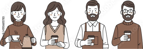 Barista characters holding coffee cups cafe workers team portrait flat vector illustration set