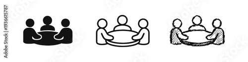 Group Meeting and Discussion Icons Set in Solid, Outline, and Hand-Drawn Styles, for Teamwork and Collaboration