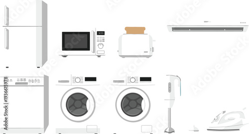 Home appliances collection with refrigerator microwave washing machine iron and kitchen equipment flat vector illustration set