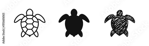 Sea Turtle Icon Set - Ocean Marine Life and Endangered Species Symbol in Black and White