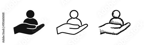 User or Person in Hand Icons Set in Solid, Outline, and Hand-Drawn Styles, for Customer Care and Support
