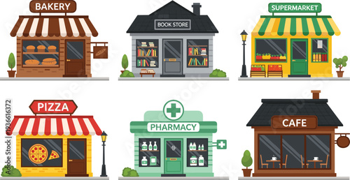 Small city shops collection bakery bookstore supermarket pizza pharmacy and cafe buildings flat vector illustration set