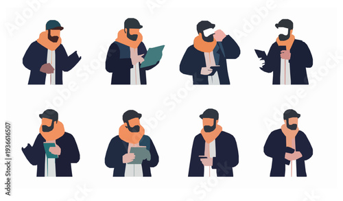 Bearded cartoon man greeting thinking and idea vector character set