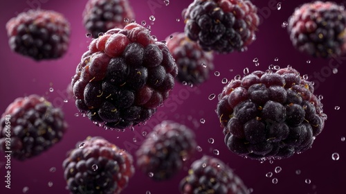 Fresh blackberries with water droplets floating on purple background macro fruit splash