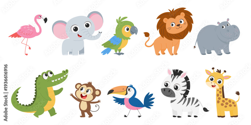 Fototapeta premium Cute Jungle Animals Vector Set. Cartoon Safari Animal Characters Collection with Lion, Elephant, Giraffe, Zebra, Monkey, Crocodile, Flamingo, Parrot, Toucan and Hippo. Kids Wildlife Illustration.