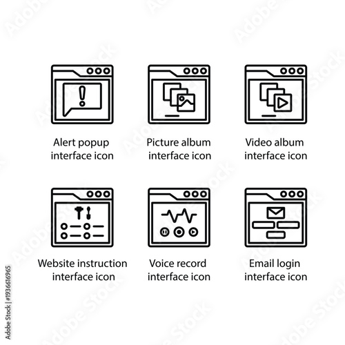 Alert popup, Picture album, Video album, Website instruction, Voice record, Email login, icon