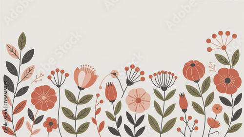 Vibrant floral pattern with orange pink and green flowers on white background for design and decoration