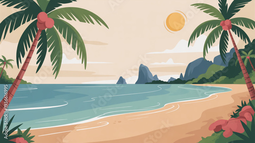 Serene tropical beach scene with palm trees sandy shore and calm ocean waves at sunset exotic travel destination