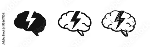 Brain with Lightning Bolt Icons Set in Solid, Outline, and Hand-Drawn Styles, for Ideas, Creativity, and Innovation