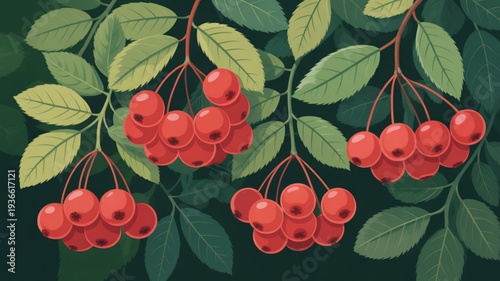 Vibrant red berries clusters hang from green leafy branches against dark background natural scenery