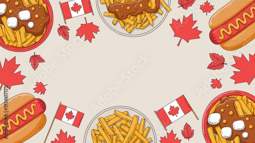 Canadian street food poutine and hot dogs with maple leaves and flags on beige background