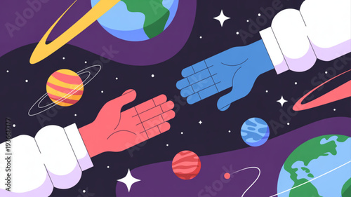 Astronauts' hands reaching out in space with planets and stars