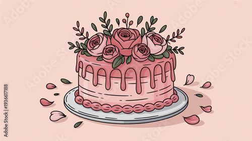Delicious pink cake with roses on top for celebration or special occasion dessert