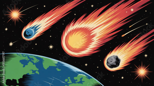 Comet meteorites burning up in atmosphere near earth planet with stars in space