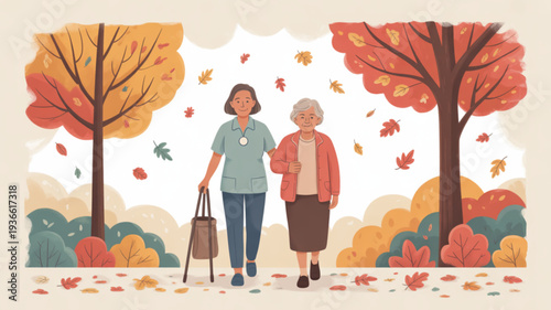 Young woman assisting elderly lady walking together in autumn park with falling leaves and vibrant trees