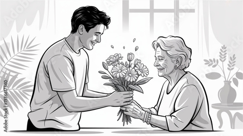 Young man giving bouquet of flowers to elderly woman in cozy indoor setting with natural light and plants