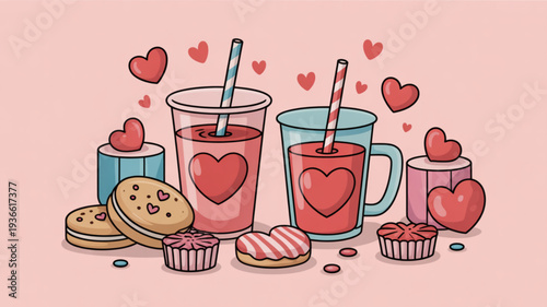 Valentine's day treats with heart themed mugs and sweet desserts on pink background