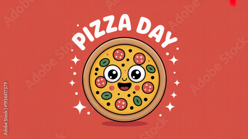 Smiling pizza with pepperoni and vegetables on red background with sparkles and pizza day text