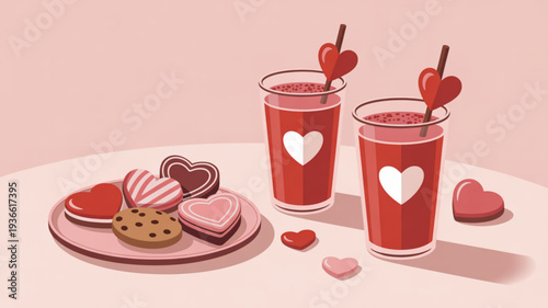 Two glasses of red heart shaped drink with straws and heart shaped cookies on a pink background for valentine's day celebration