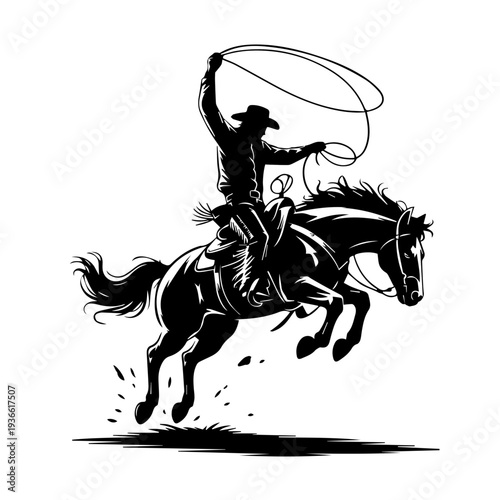 Vector Cowboy Silhouette Riding Bucking Horse in Action Holding Lasso Western Rodeo Dynamic Vintage Style