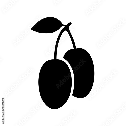 Minimalist illustration of two black plums with a leaf on a branch