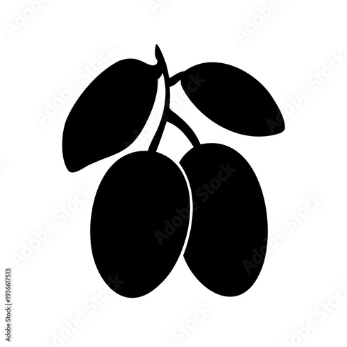 Simple minimalist black silhouette drawing of two plums with leaves on white background