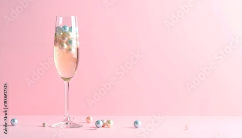 Champagne Flute Still Life with Bubbling Fizz Drink and Pastel Pin Pearls