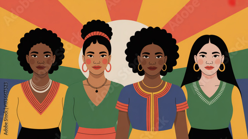 Diverse group of women standing together in solidarity with rainbow background and sunburst effect symbolizing unity and empowerment