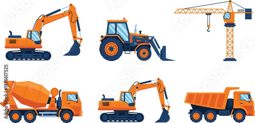 Construction machinery collection with excavator crane tractor mixer and dump truck flat vector illustration set