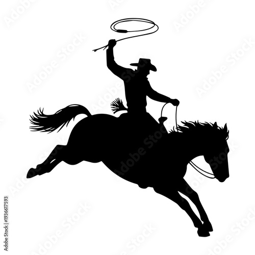 Vector Cowboy Silhouette Riding Bucking Horse in Action Holding Lasso Western Rodeo Dynamic Vintage Style