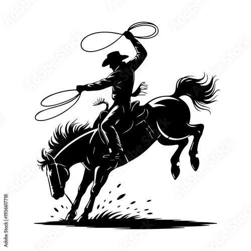 Vector Cowboy Silhouette Riding Bucking Horse in Action Holding Lasso Western Rodeo Dynamic Vintage Style