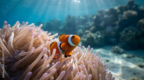Vivid orange and white striped clownfish swims among the delicate waving tentacles of a beautiful sea anemone habitat