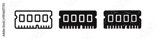 RAM Memory Stick Icon Set - Computer Hardware and Technology Symbols in Outline, Solid, and Doodle Styles